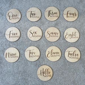 Monthly baby milestone signs. Wood circles photo prop. Large and good contrast.